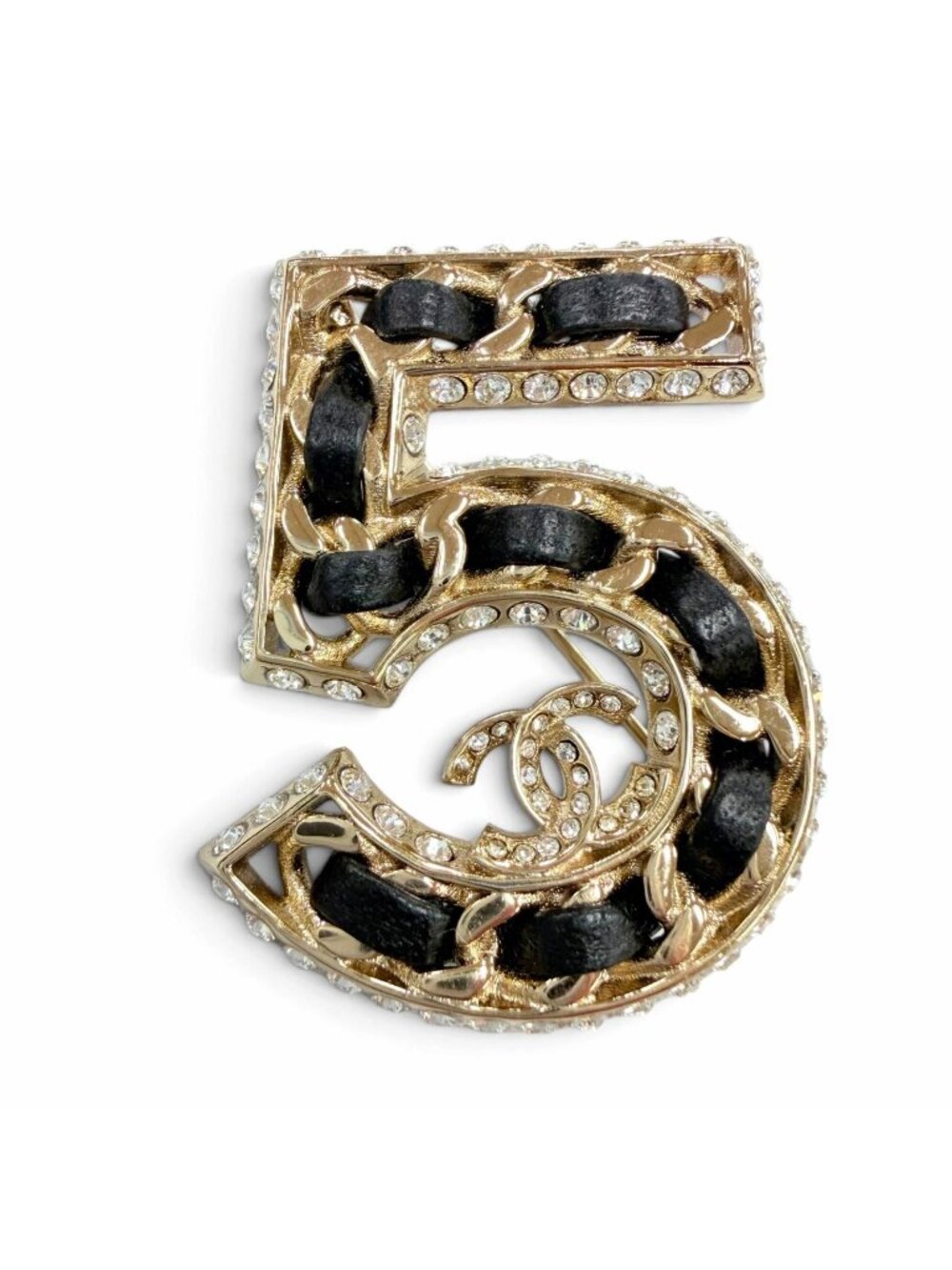 Chanel No 5 CC Logo Rhinestone Leather Brooch Gold Black